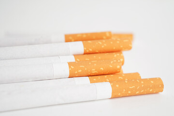 Cigarette isolated on white background with clipping path, roll tobacco in paper with filter tube, No smoking concept.