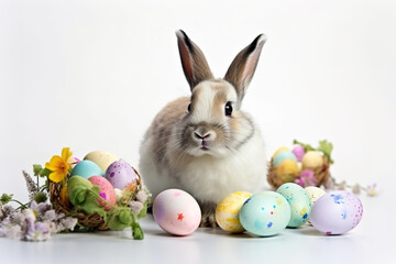 Cute Easter Bunny with Flowers and Easter Eggs, white background, professional studio photography, space for text