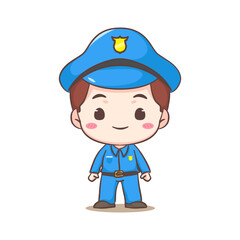 Cute policeman standing front side view cartoon character. People profession concept design. Isolated white background. Vector art illustration. Adorable chibi flat cartoon style