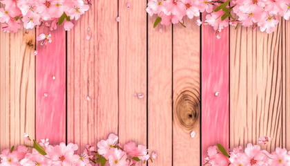 Spring wooden background with blossoming tree branches, generative AI.