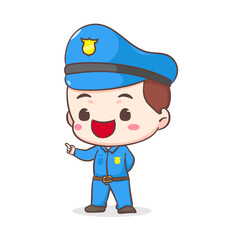Cute policeman showing pointing hand gesture cartoon character. People profession concept design. Isolated white background. Vector art illustration. Adorable chibi flat cartoon style