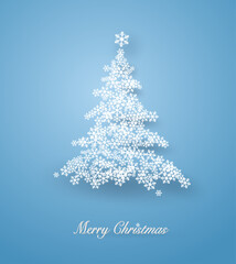 White Christmas tree in vector paper art design. new year card or merry Christmas.