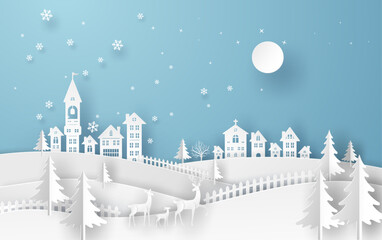 Fototapeta na wymiar Merry Christmas or Happy New Year card in winter landscape with houses and building and Santa Claus on the sky in winter season. Vector illustration art in paper cut design.