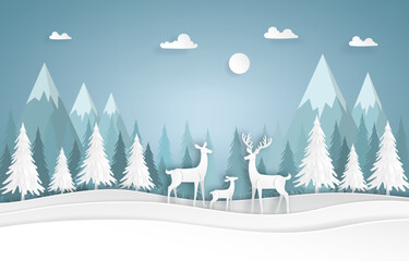 deers family in the forest with snow and moon in the winter season. christmas, paper art concept.