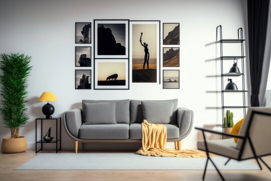 A living room with a sofa and a couch with a picture on the wall #1