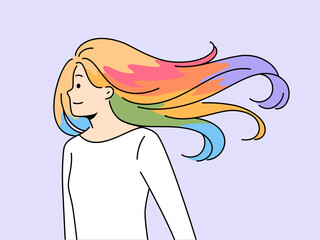 Smiling woman with colorful dyed hair. Happy female with creative hairstyle and haircolor. Beauty and cosmetics. Vector illustration. 