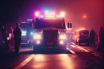 fire engine, also called fire truck with rescue team at night, ai generated