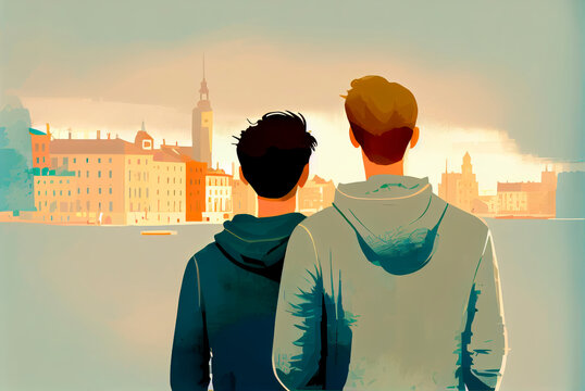 Back boy of gay male couple standing and admiring the cityscape at sunset during a travel. Illustration with copy space, generative ai illustration.