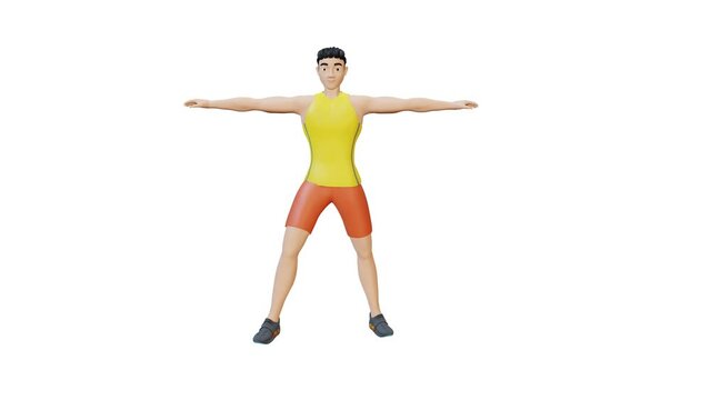 Animated character doing Diagonal Lunge. Diagonal Lunge exercise in 3d animation and illustration. Perfect for fitness themed productions, health products, diet, weight loss training. 3d Render