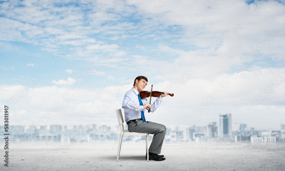 Sticker young businessman playing violin