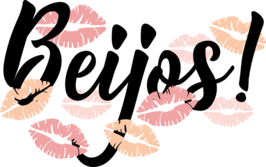 Beijos. Lettering. Translation from Portuguese - Kisses. Modern brush calligraphy. Ink illustration