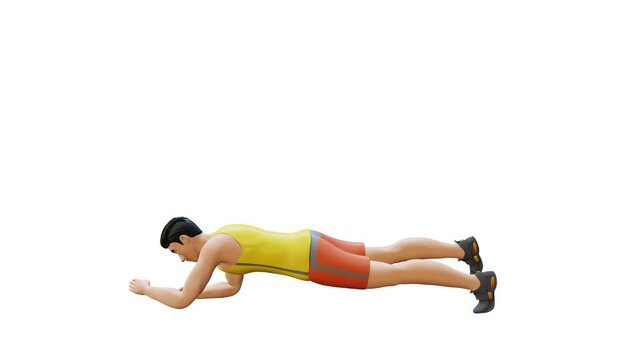 Animated character doing Front Plank Arm and Leg Lift. Plank Arm and Leg Raise exercise in 3d animation and illustration. Perfect for fitness themed productions, healthy, diet, weight loss. 3d Render
