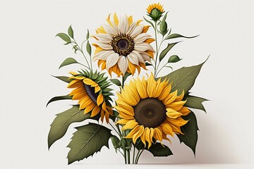 Bouquet of sunflowers on a white background. Generative AI