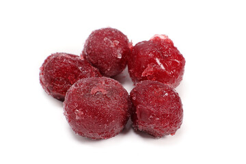 Frozen cherries closeup isolated on white