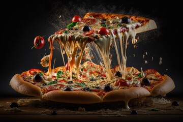 Delicious pizza with flying ingredients. Ai generative.