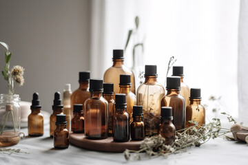 Obraz na płótnie Canvas Bottles of essential oil, minimalist product shoot, organic styling,