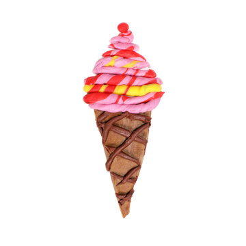 Ice cream cone made of plasticine isolated on white