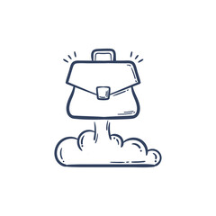 Business launch event line concept, flying rocket bag hand drawn doodle sketch logo illustration