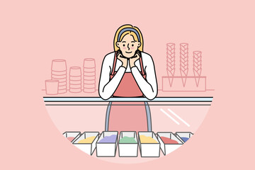 Smiling saleswoman standing near counter in ice cream shop. Happy female business owner selling gelato in cafe. Vector illustration. 