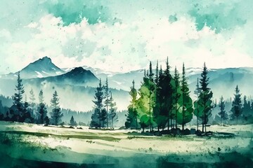 Light spruce forest in mountains. Watercolour hand painted illustration with paper texture and blank space for text. Generative AI