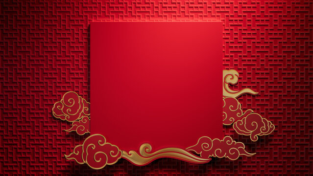 Red Asian Design Template featuring Square Frame and Clouds  with copy-space. Lunar New Year Background with 3D Pattern.
