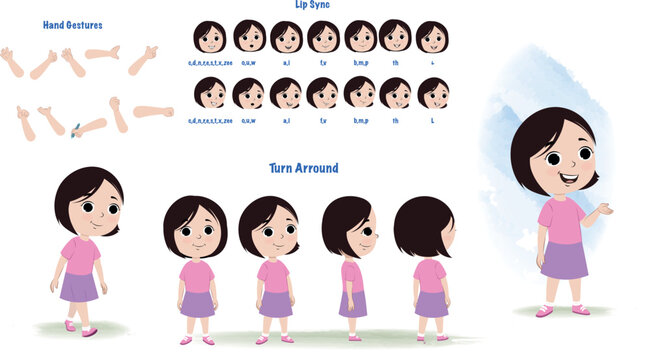 A girl character model sheet for animation. Kids character model sheet with lips syn, hand gesture, turn around sheet 