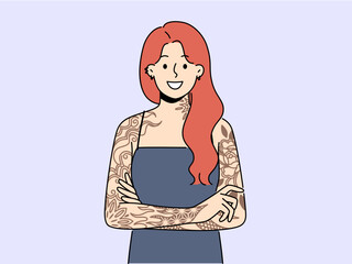 Smiling redhead woman with tattoos on arms. Happy female with tattooed hands express personality. Subculture and self-expression. Vector illustration. 