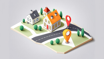 Illustration with a houses and a dot on the map, generative AI.