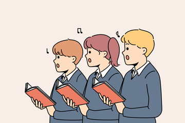 Small children with books sing in school choir together. Little schoolchildren with textbooks perform on stage. Musical hobby and performance. Vector illustration. 