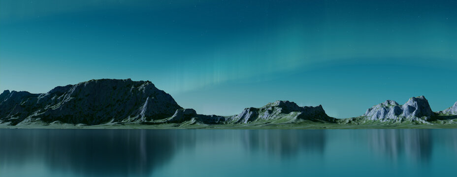 Magical Sky with Aurora and Stars. Blue Northern Lights Wallpaper with copy-space.