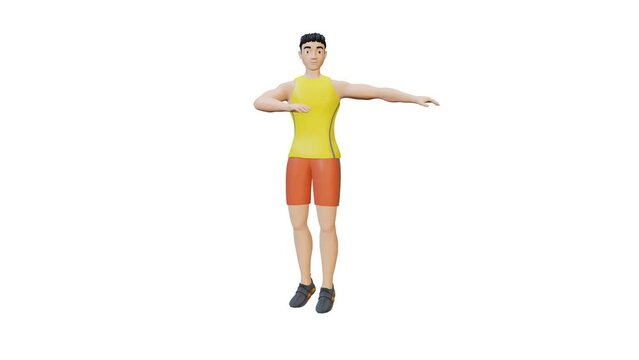 Animated character doing Side Jump Twist. Side Jump Twist exercise in 3d animation and illustration. Perfect for fitness themed productions, healthy, diet plan, weight loss training. 3d Render