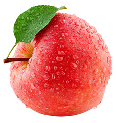 Single fresh wet red apple with leaf and drops isolated on transparent background. Full Depth of...
