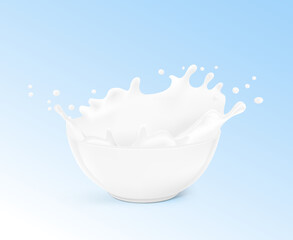 Realistic bowl with milk splashes and drops. Vector illustration. Can be use for your design. EPS10.