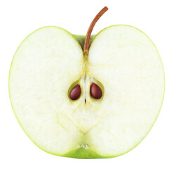 Green apple half with seeds and stem isolated on transparent background