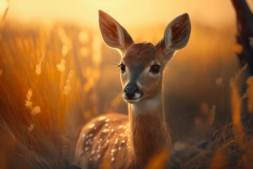 Portrait of a young brown deer at sunset. Generative AI.