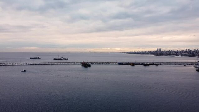 istanbul maltepe is visible from the coast to the coast of bakirkoy, shooting with a drone, the ferry goes in the sea of ​​​​marmara
