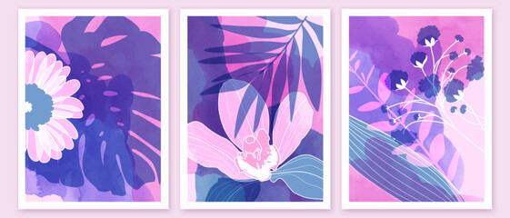 Set of botanical art posters, prints. Transparent pink, voplet exotic plants, leaves, flowers.