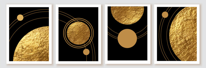 Elegant abstract wall art posters. Composition in black, white, gold. Space, planet concept.