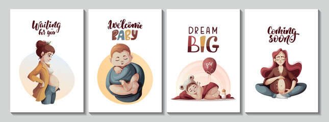 Set of cards with pregnant women and newborn babies. Motherhood, Pregnancy, Childbirth, baby waiting, babyhood concept. Vector Illustration for poster, card, postcard, cover.