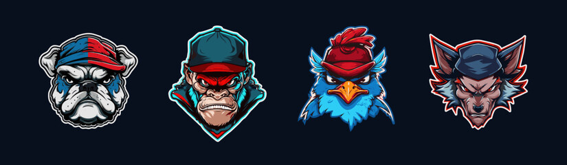 Cartoon animal head, red and blue sport logo collection with white outlined. Angry face of bulldog, gorilla, cardinal and wolf characters. Sport team mascot set. Vector illustration