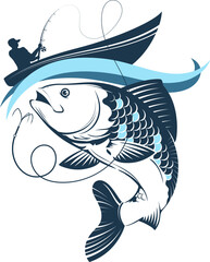 Fisherman in a boat with a fishing rod. Fishing boat on the waves. Design for fishing