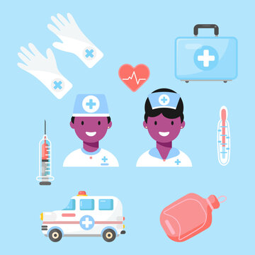 Medical set in flat style. Cartoon Medical icons for web applications. Isolated elements. Vector illustration.