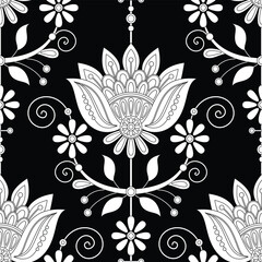 Seamless Pattern with Flower Inspired by Ukrainian Traditional Embroidery. Ethnic Floral Motif, Handmade Craft Art. Textile, Wrapping Paper, Wallpaper. Coloring Book. Vector Contour Illustration