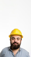 Portrait of happy young foreman with yellow hard hat,  Created using generative AI tools.