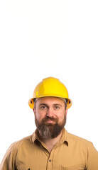 Portrait of happy young foreman with yellow hard hat,  Created using generative AI tools.
