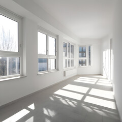 White empty walls, in a new apartment, large windows, sunlight. Generative Ai