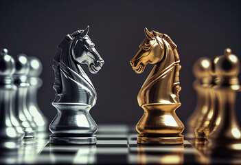 Gold and silver knight chess piece face to face on chessboard.
Marketing strategies,competitive strategies and marketing battles concept.