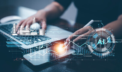 Programmer people working laptops or smartphones with AI, artificial intelligence software engineer coding on laptop computers with technology icons and binary code, big data, Ai bot digital machine