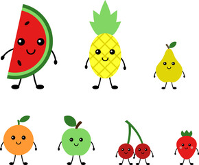 Funny cute fruits and berries, vector. Watermelon and pineapple, pear and apple, orange, strawberry, cherry. Fruits and berries with cute smiling faces.