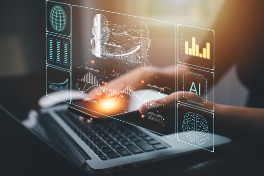 Programmer people working laptops or smartphones with AI, artificial intelligence software engineer coding on laptop computers with technology icons and binary code, big data, Ai bot digital machine